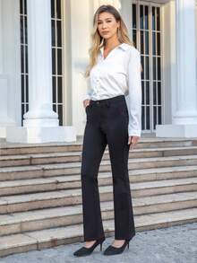 Women's Versatile Commuter Solid Color Flared Pants - Black - View 7