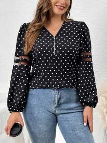 SHEIN LUNE Plus Size Polka Dot Puff Sleeve Shirt - Black and White - View 4