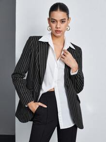 BizChic 女用條紋西裝外套（無腰帶） - 深灰色 - 查看 3