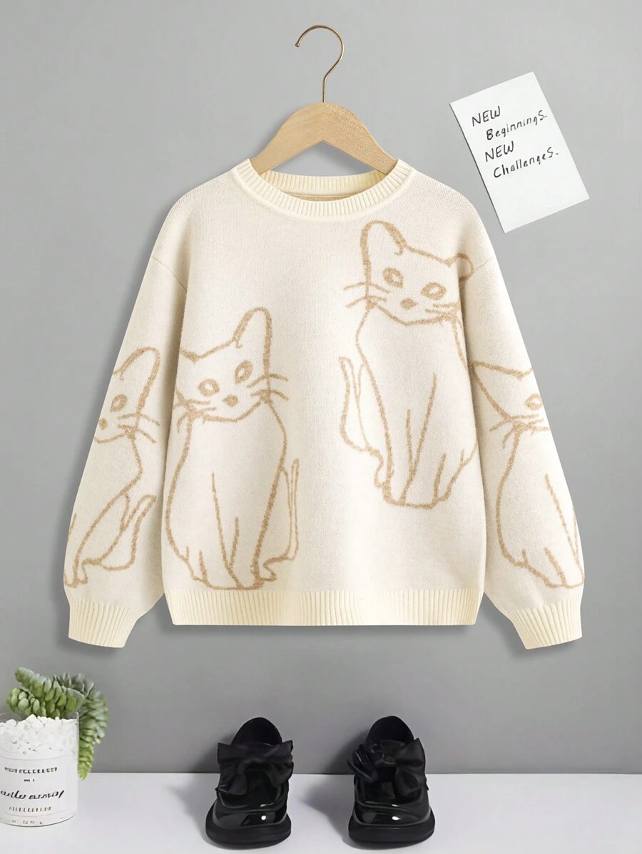 SHEIN Sudadera Con Dibujo Adorable De Gato Para Niñas De 10 A 12 Años - Albaricoque - Ver 1