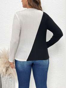 SHEIN LUNE 女士大尺碼拼色t恤 - 黑與白 - 查看 2