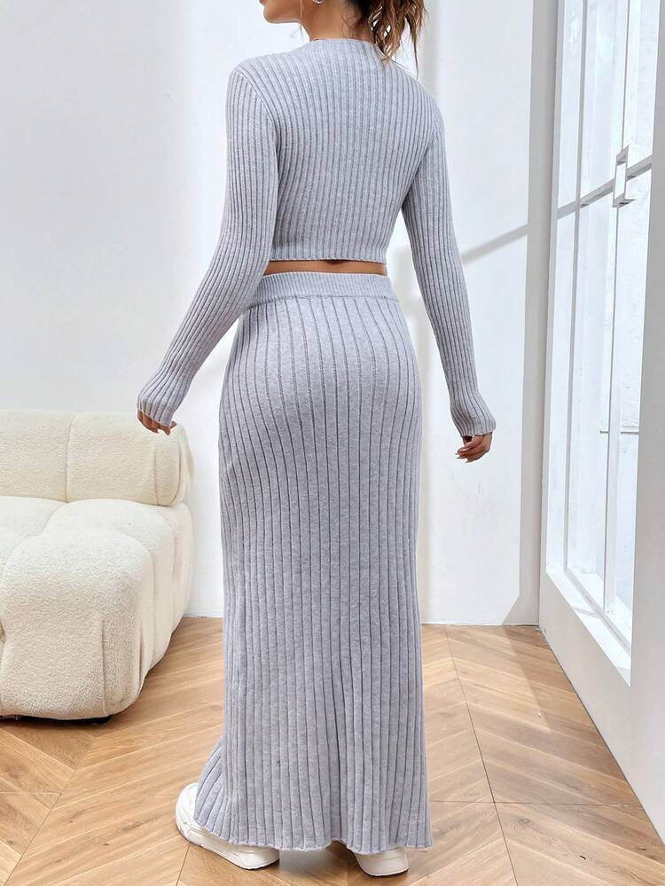 Solid Crop Sweater & Split Side Knit Skirt