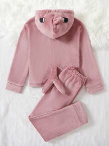 SHEIN 2pcs/set Cute Shark Shaped Coral Fleece Warm Pajamas For Tween Girls - Dusty Pink - View 2