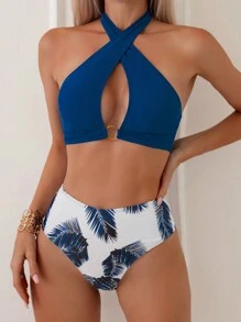 Women'S Tropical Print Halter Neck Bikini Set - Multicolor - View 1