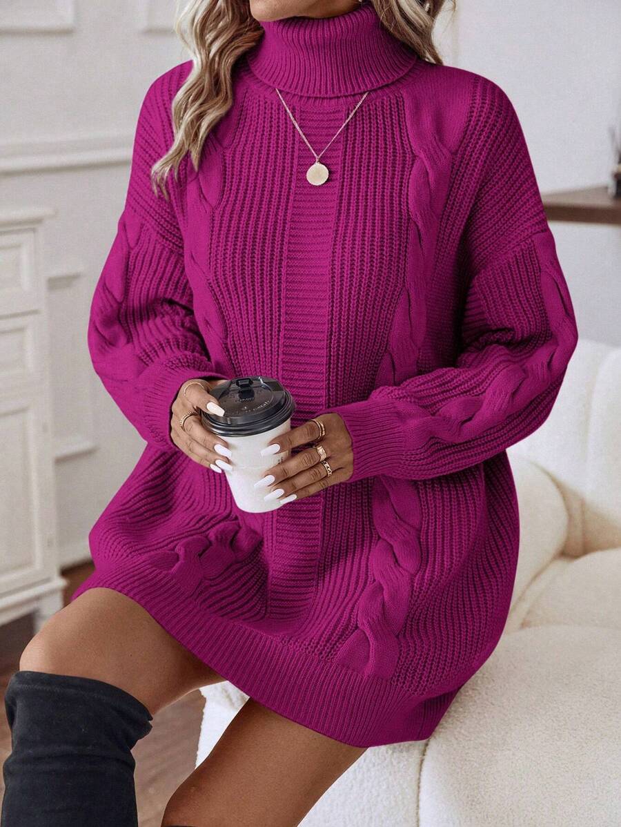 EMERY ROSE Turtleneck Cable Knit Drop Shoulder Sweater Dress Fall Winter Cloth For Women - Hot Pink - View 1