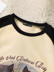 SHEIN Unity Cat Printed Raglan Sleeve Design Round Neck Fashion Sweatshirt - Multicolor - View 3