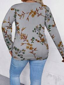 SHEIN LUNE 大碼花卉圖案落肩袖套頭毛衣 - 灰色 - 查看 2