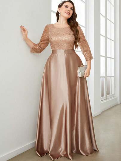Plus Size Sequin Patchwork Satin Dress With Flare Hem, Long Sleeve Round Neck Elegant Formal Prom Wedding Guest Gown, For Graduation, Dinner Party Dress Evening Dress