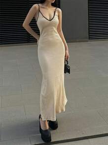 女用荷葉邊細肩帶洋裝 - 杏色 - 查看 1