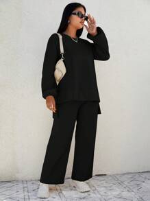 EURMUSE Plus Size Solid Color Asymmetrical Hem Top And Loose Pants 2pcs/Set - Black - View 5