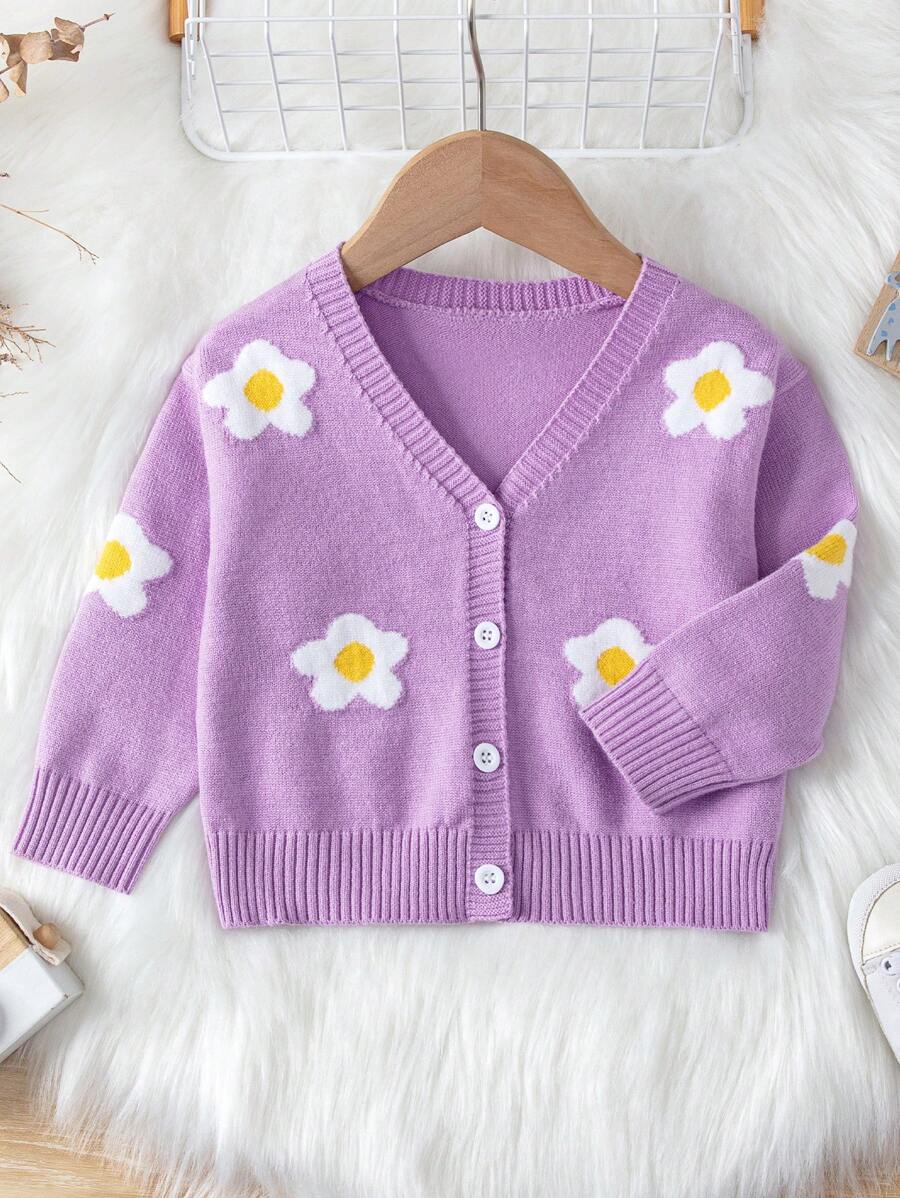 嬰兒女孩菊花針織圖案針織開襟羊毛衫 - 紫色 - 查看 1