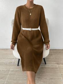 SHEIN Essnce 圓領落肩袖毛衣連身裙 - 咖啡棕 - 查看 5