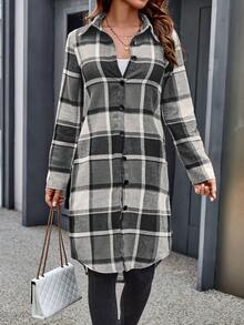 SHEIN Essnce Plaid Print Button-down Long Shirt - Black and White - View 5