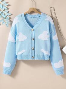 女青少年白雲紋開襟衫 - 淺藍色 - 查看 1