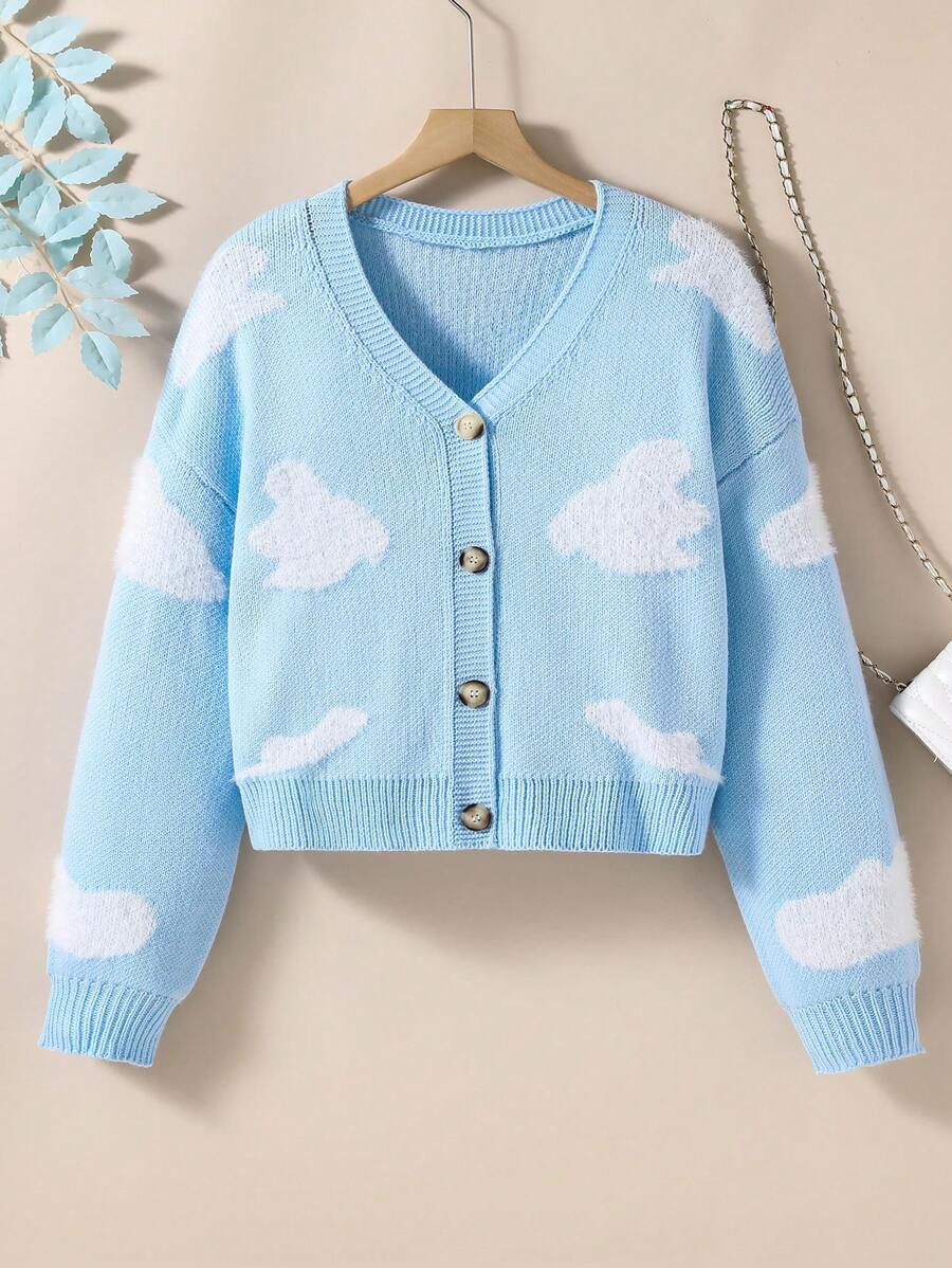 女青少年白雲紋開襟衫 - 淺藍色 - 查看 1