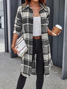 SHEIN Essnce Plaid Print Button-down Long Shirt - Black and White - View 4