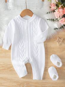 Baby Girls’ Cable Knit One-piece Romper With Button Closure - White - View 1