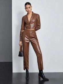 BizChic 女士單排釦開衩腿長褲套裝 - 咖啡棕 - 查看 7