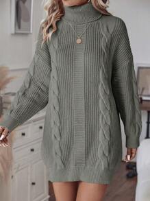 EMERY ROSE Women's High Neck Drop Shoulder Sweater Dress Fall Winter Cloth For Women - Army Green - View 6