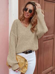 SHEIN LUNE Cổ v Thả vai Áo len - Màu Khaki - Xem 6