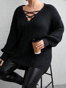 SHEIN LUNE Plus Size Women's Solid Color Pullover Sweater - Black - View 5