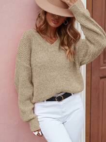 SHEIN LUNE Cổ v Thả vai Áo len - Màu Khaki - Xem 4