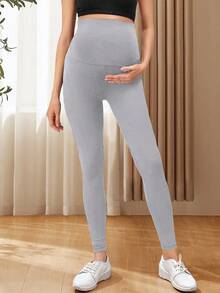 新款孕婦純色健身打底褲，寬鬆腰帶和腹部支撐設計 - 淺灰色 - 查看 3