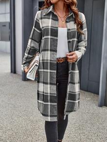 SHEIN Essnce Plaid Print Button-down Long Shirt - Black and White - View 3