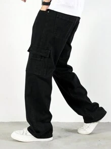 Claim Dot Men Cotton Embroidery Flap Pockets Cargo Jeans - Black - View 4