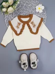 Baby Girls' Floral Pattern Color-blocked Sweater - Beige - View 1