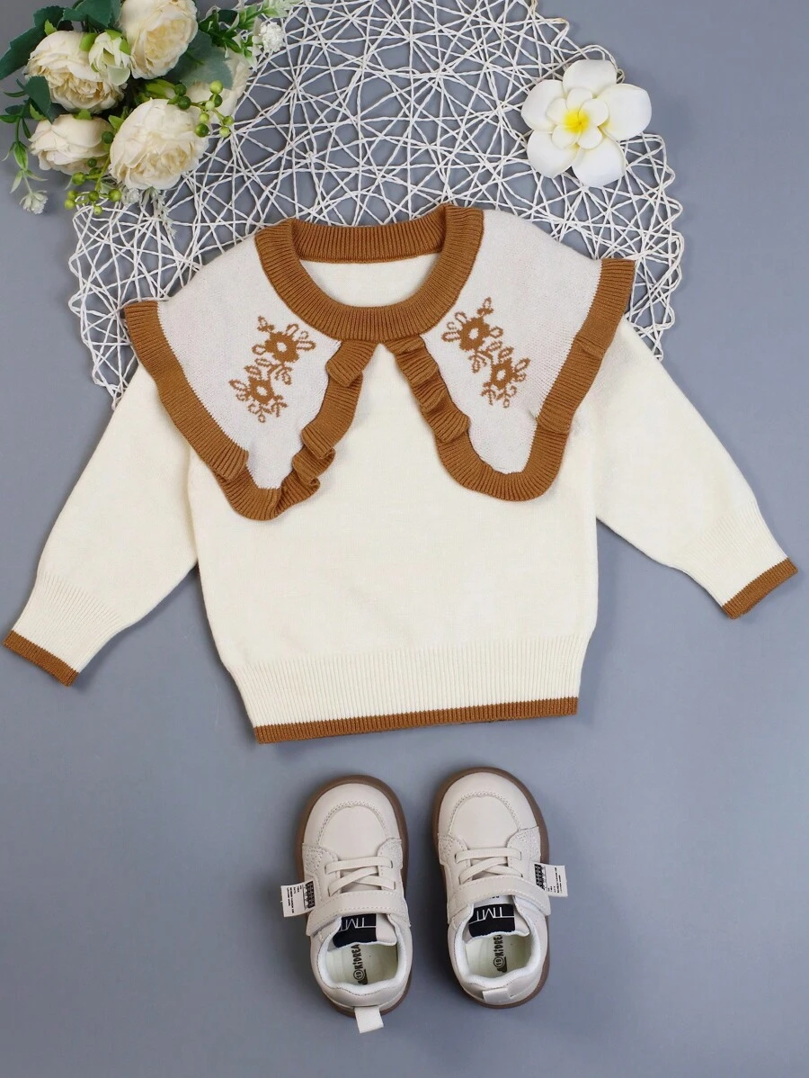 Baby Girls' Floral Pattern Color-blocked Sweater - Beige - View 1