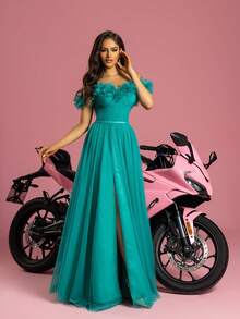 Vestido Largo Elegante De Noche De Una Sola Pieza Para Mujer De Vipgirl Confeccionado En Gasa De Red - Agua verde azul - Ver 6