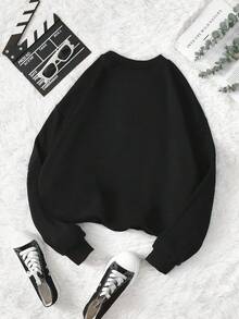 INAWLY Slogan & Figure Graphic Pullover - Black - View 2