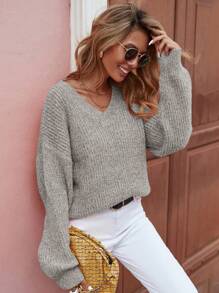 SHEIN LUNE V Neck Drop Shoulder Sweater - Grey - View 1