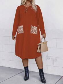 EMERY ROSE Plus Size Women's Leopard Print Patchwork Sweater Dress - Rust Brown - View 3