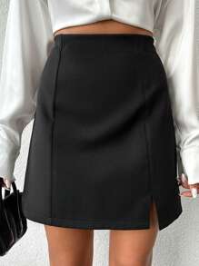 EURMUSE Women's Solid Color High Slit Skirt - Black - View 1