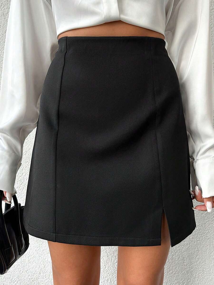 EURMUSE Women's Solid Color High Slit Skirt - Black - View 1