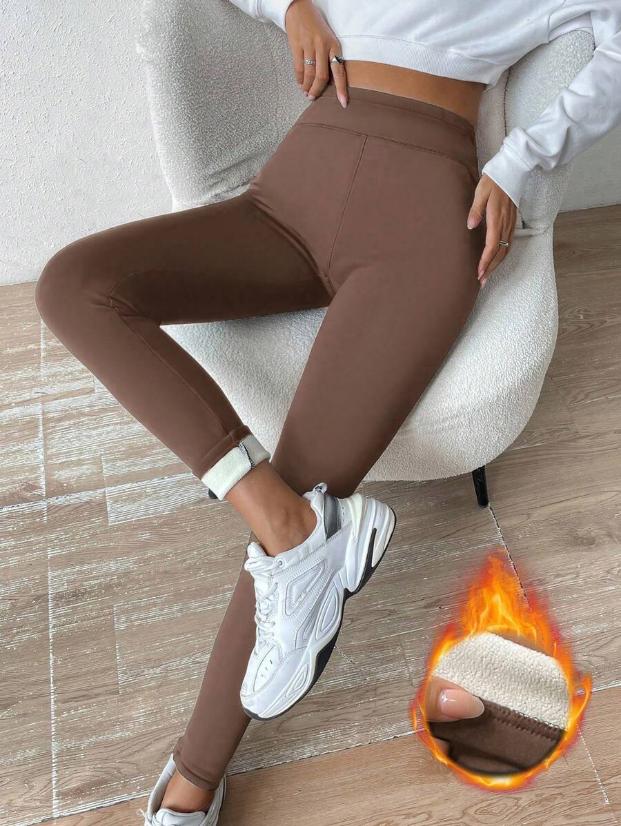 SHEIN Unity Women's Thermal Lined Leggings Fall Cloth For Women - Coffee Brown - View 1