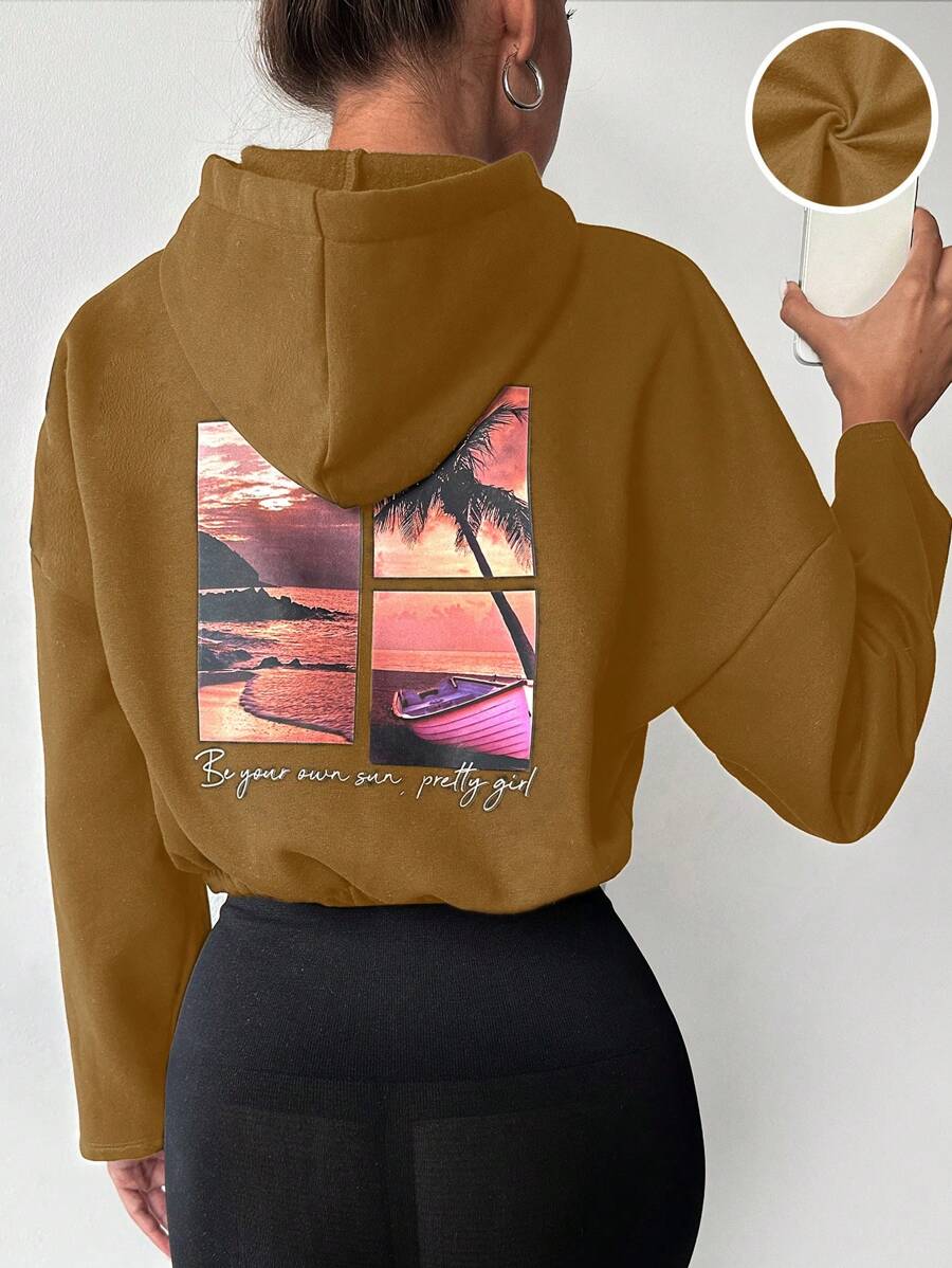 EURMUSE Women's Hooded Fleece Sweatshirt With Slogan Print - Coffee Brown - View 1