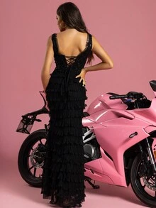 Vipgirlv領口蛋糕裙長款女士晚宴禮服裙 - 黑色 - 查看 2