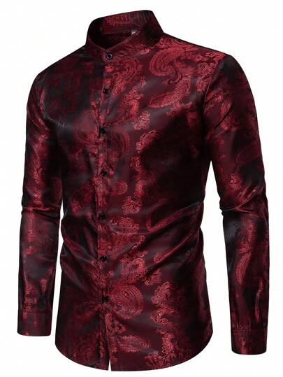 Manfinity AFTRDRK Men's Loose Fit Paisley Print Button Up Shirt , Baggy Long Sleeve Silk Graphic Plain Dark Red Disco Vintage Shirt, Fall