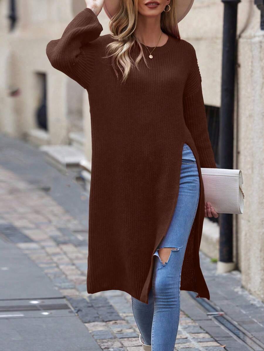 SHEIN LUNE Của phụ nữ Màu thuần Vòng cổ Dài Áo len Với Bên Khe - màu nâu - Xem 1