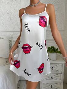 Satin Alphabet & Lips Printed Cami Pajama Dress For Sleeping Sleep Dresscute Dress For Womensilk Night Dress - White - View 5