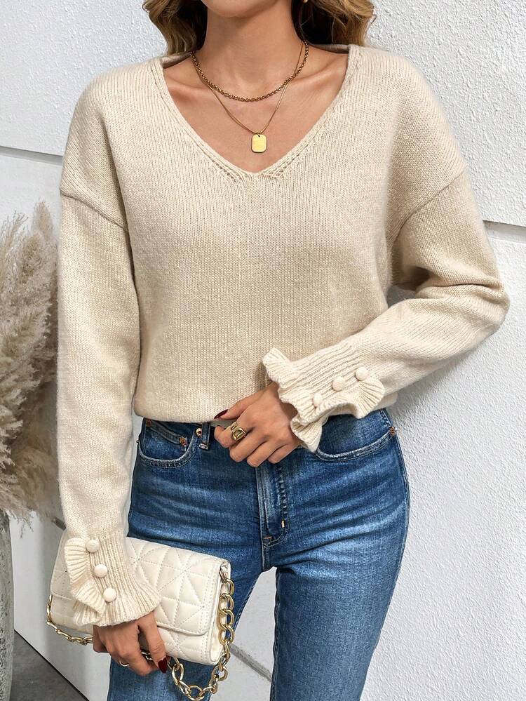 V Neck Drop Shoulder Sweater Winter Casual