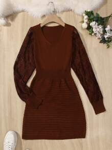 SHEIN Clasi Contrast Lace Sleeve Sweater Dress - Coffee Brown - View 1