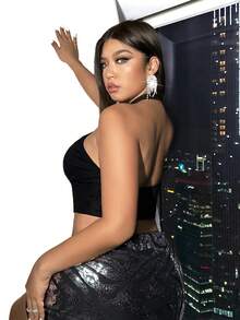 SHEIN ICON Plus Size Halter Neck Sleeveless Top - Black - View 2