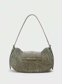 ROMWE Grunge Punk Vintage Green Patchwork Shoulder Bag, School - Army Green - View 2
