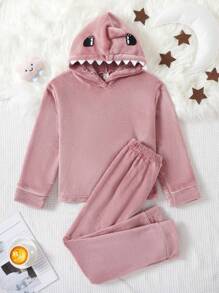 SHEIN 2pcs/set Cute Shark Shaped Coral Fleece Warm Pajamas For Tween Girls - Dusty Pink - View 1