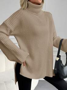 EURMUSE High Neck Drop Shoulder Slit Hem Sweater - Camel - View 3