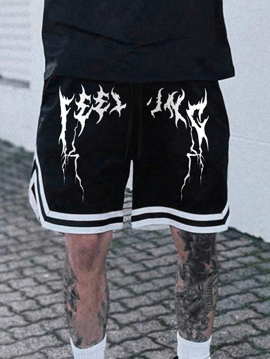 Manfinity LEGND 男士宽松条纹下摆短裤，腰部抽绳图案外出篮球短裤，适合送给丈夫或男朋友的礼物，emo，2000 年代风格 - 黑色 - 查看 1